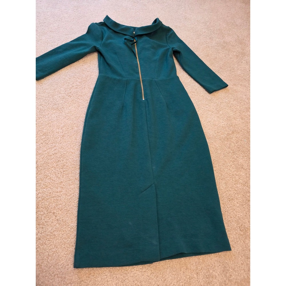 Boden Textured Teal Green Portrait Collar Midi Sheath Dress Gold Back Zip 3/4 6 - Picture 9 of 13